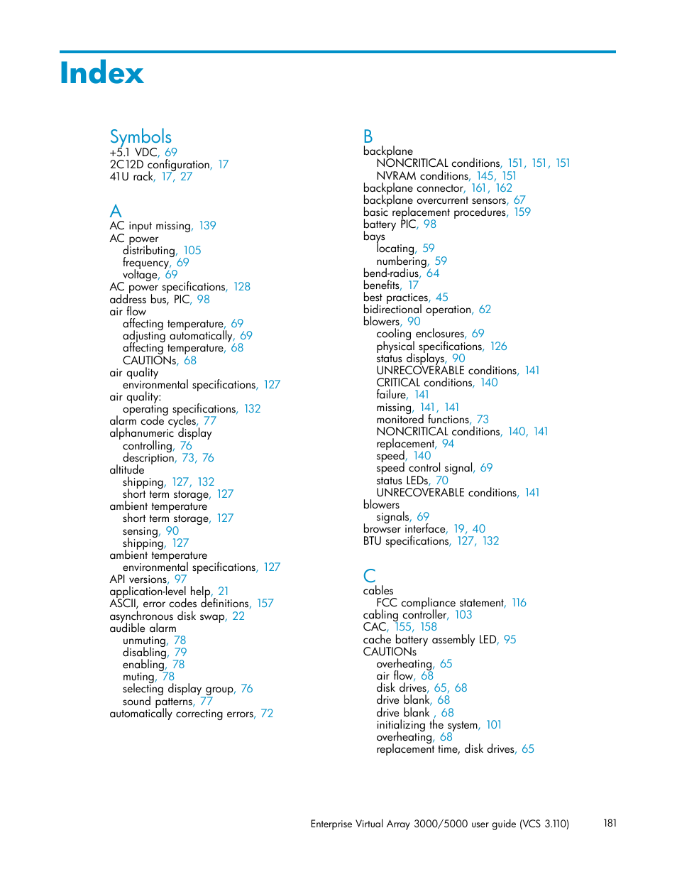 Index, Symbols | HP 3000 Enterprise Virtual Array User Manual | Page 181 / 188