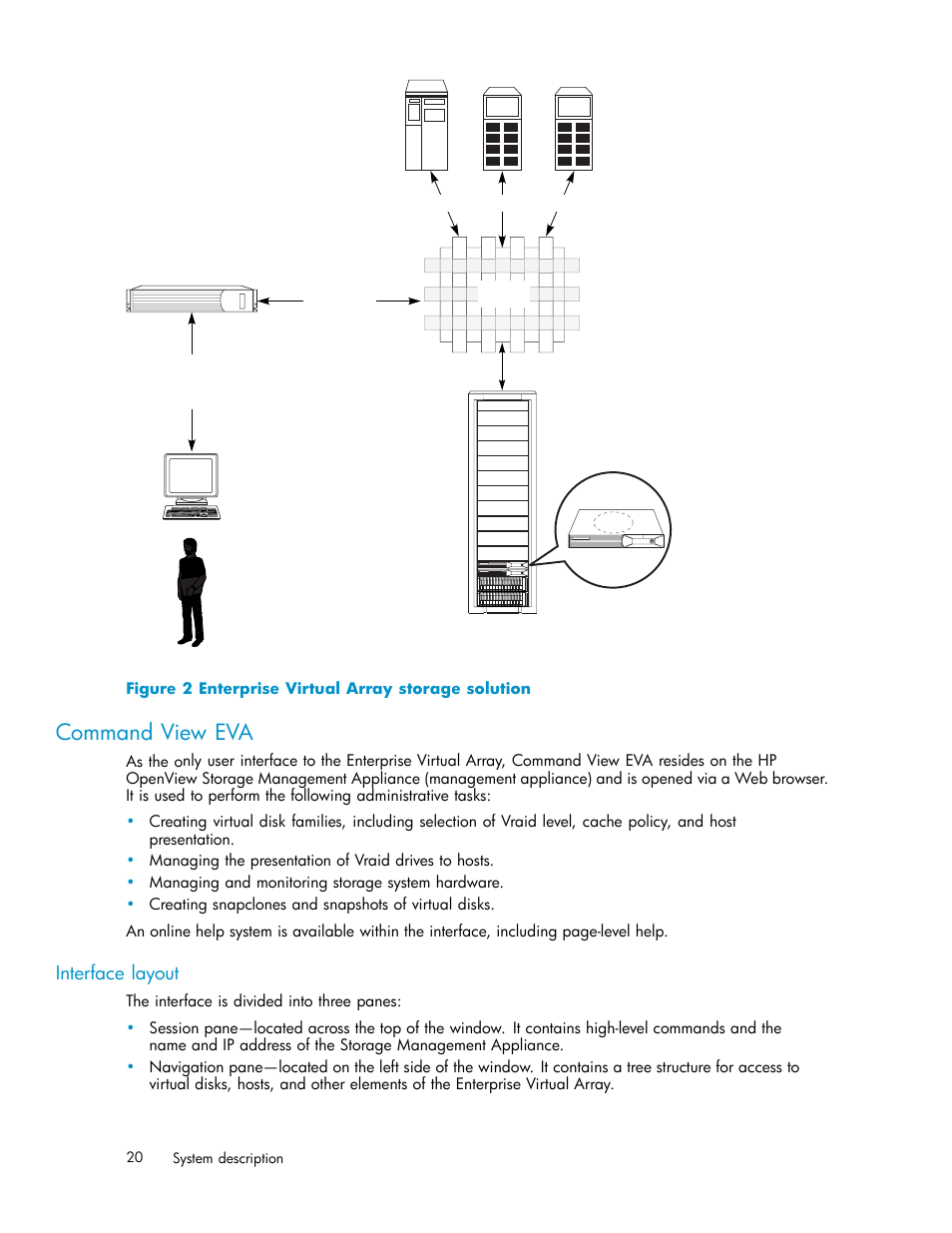 Command view eva, Interface layout, Enterprise virtual array storage solution | HP 3000 Enterprise Virtual Array User Manual | Page 20 / 188