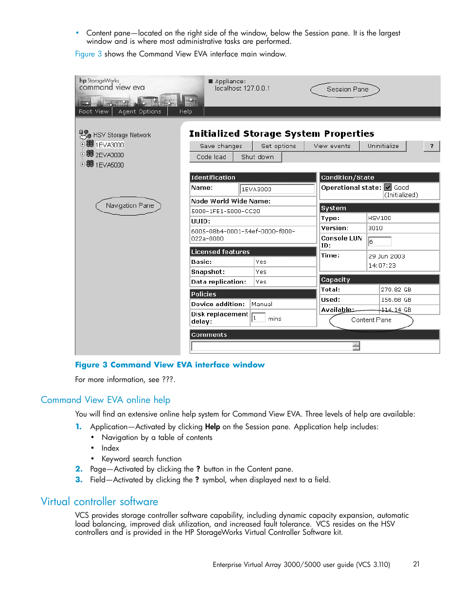 Command view eva online help, Virtual controller software, Command view eva interface window | HP 3000 Enterprise Virtual Array User Manual | Page 21 / 188