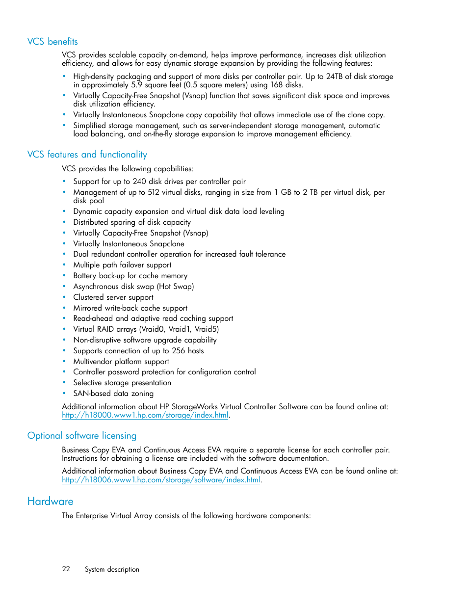 Vcs benefits, Vcs features and functionality, Optional software licensing | Hardware | HP 3000 Enterprise Virtual Array User Manual | Page 22 / 188