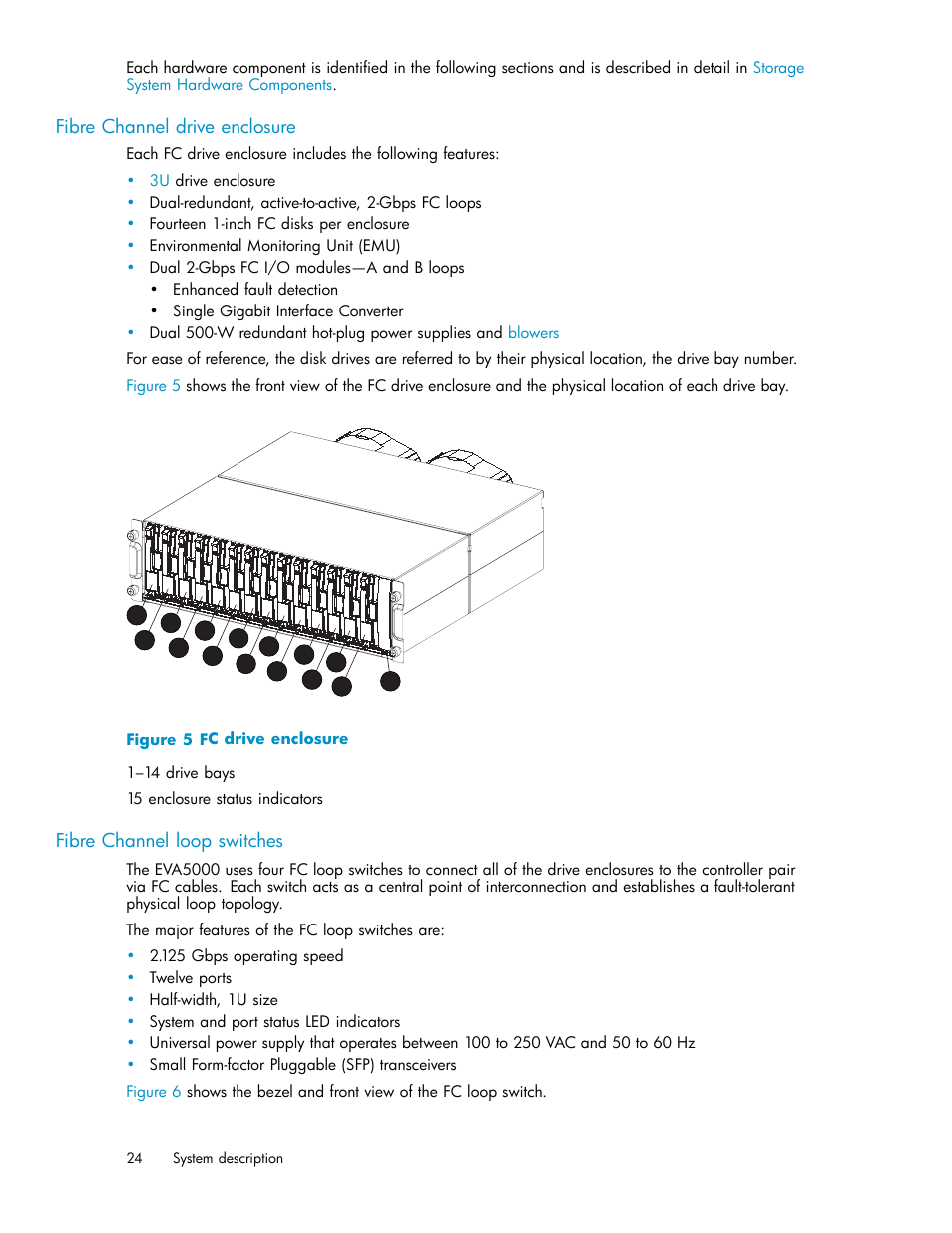 Fibre channel drive enclosure, Fibre channel loop switches, Fc drive enclosure | HP 3000 Enterprise Virtual Array User Manual | Page 24 / 188