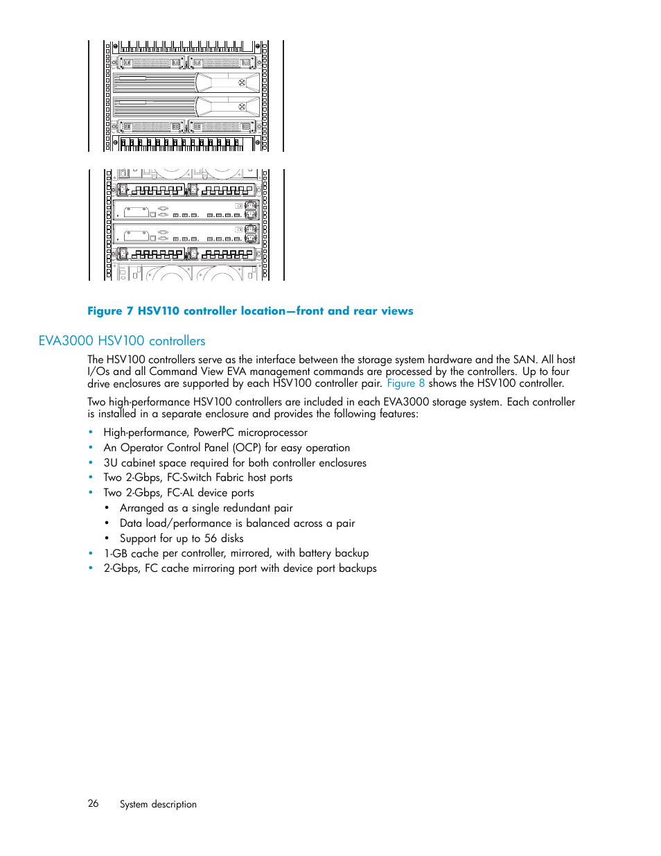 Eva3000 hsv100 controllers, Hsv110 controller location—front and rear views | HP 3000 Enterprise Virtual Array User Manual | Page 26 / 188