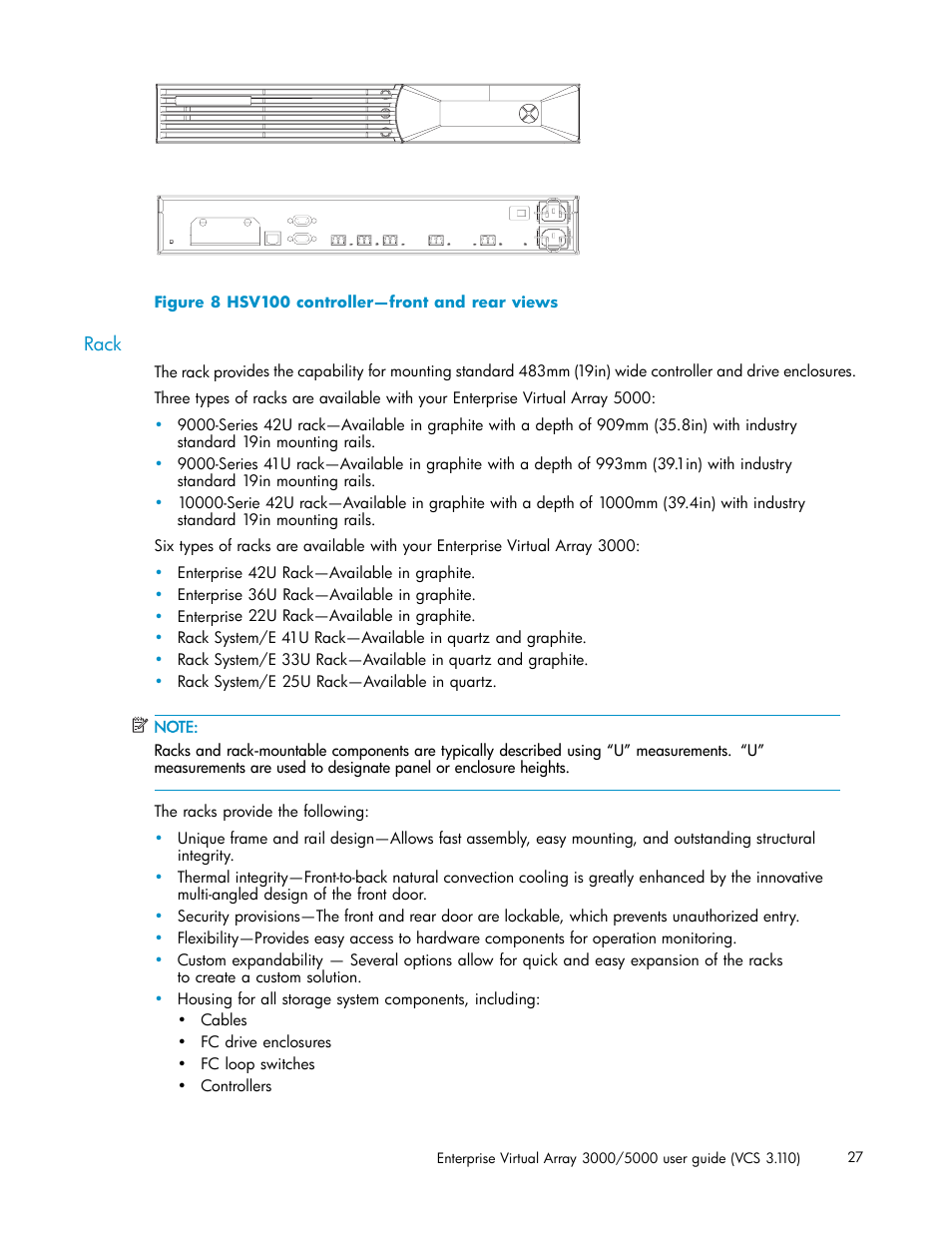 Rack, Hsv100 controller—front and rear views | HP 3000 Enterprise Virtual Array User Manual | Page 27 / 188