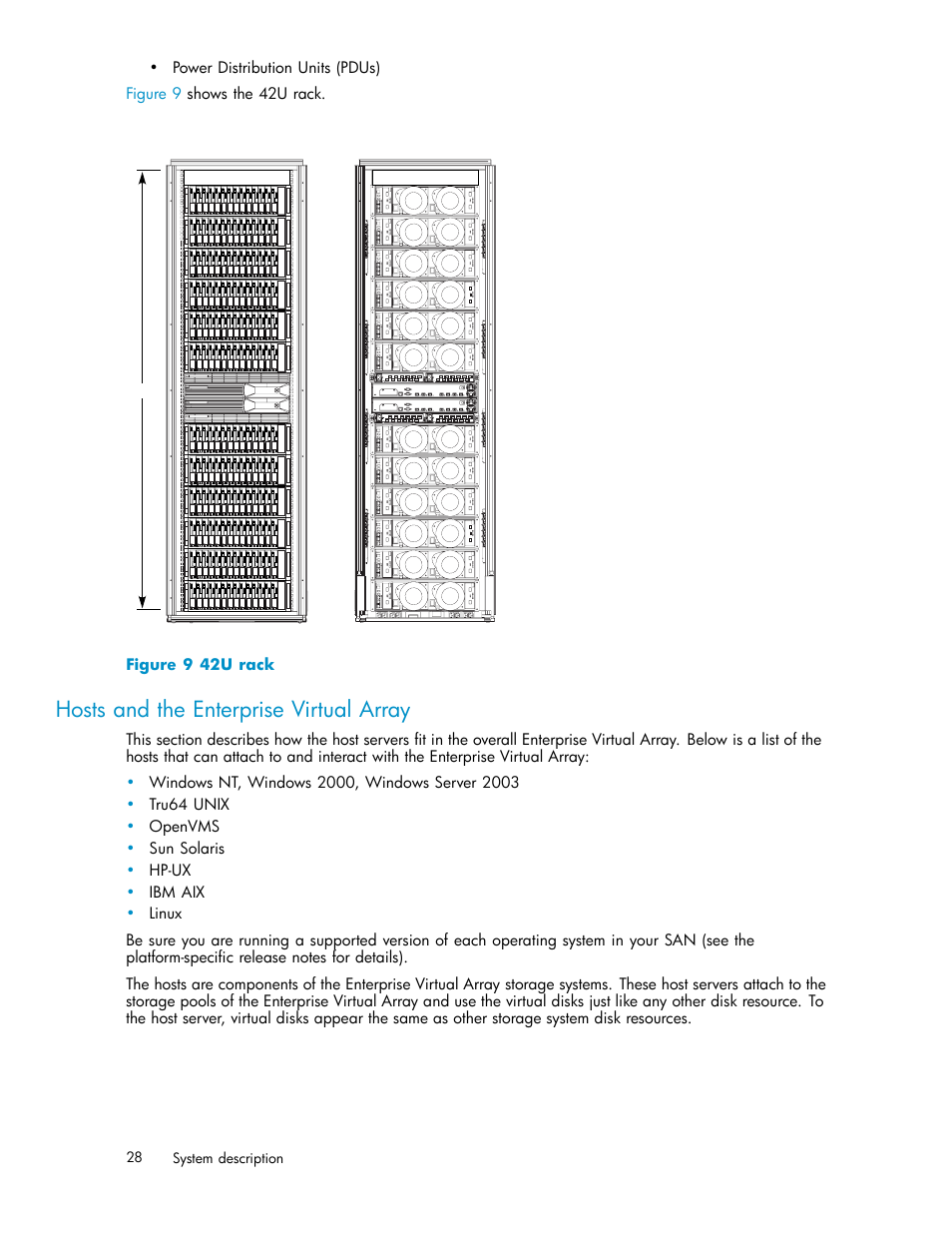 Hosts and the enterprise virtual array, 42u rack | HP 3000 Enterprise Virtual Array User Manual | Page 28 / 188