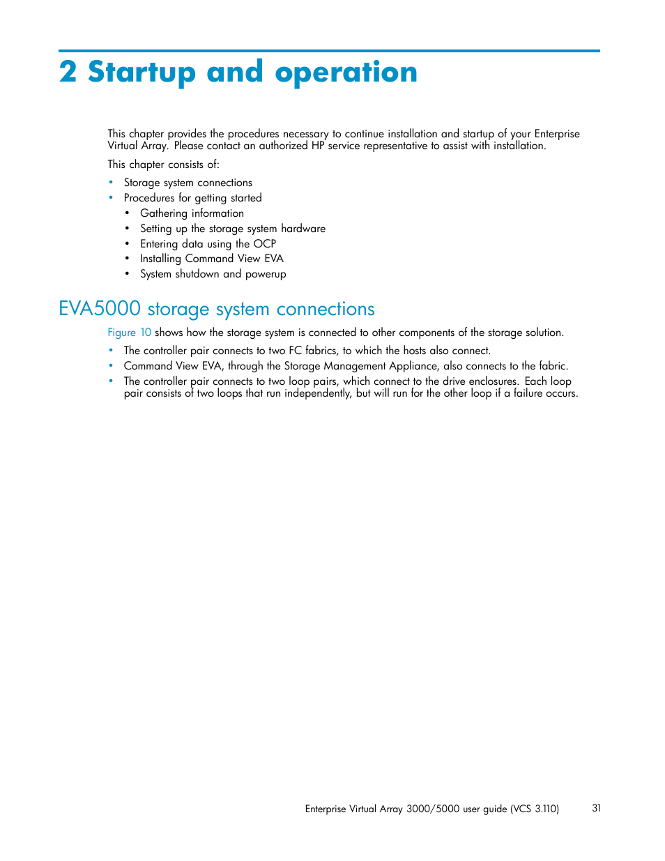 2 startup and operation, Eva5000 storage system connections | HP 3000 Enterprise Virtual Array User Manual | Page 31 / 188