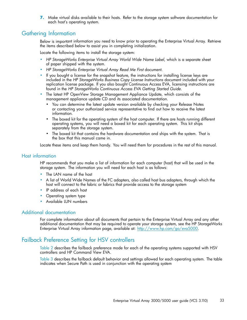 Gathering information, Host information, Additional documentation | Failback preference setting for hsv controllers | HP 3000 Enterprise Virtual Array User Manual | Page 33 / 188