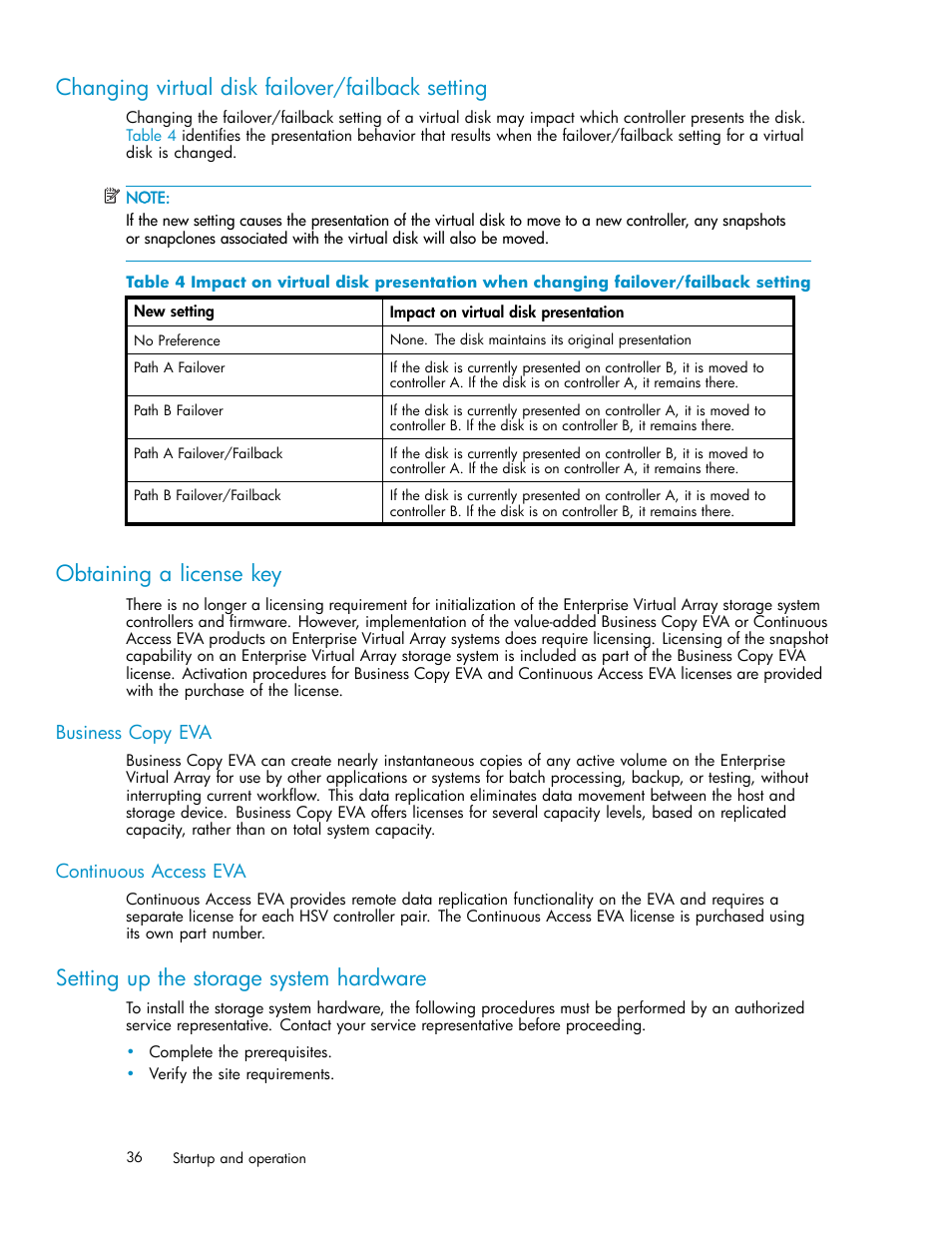 Changing virtual disk failover/failback setting, Obtaining a license key, Business copy eva | Continuous access eva, Setting up the storage system hardware | HP 3000 Enterprise Virtual Array User Manual | Page 36 / 188