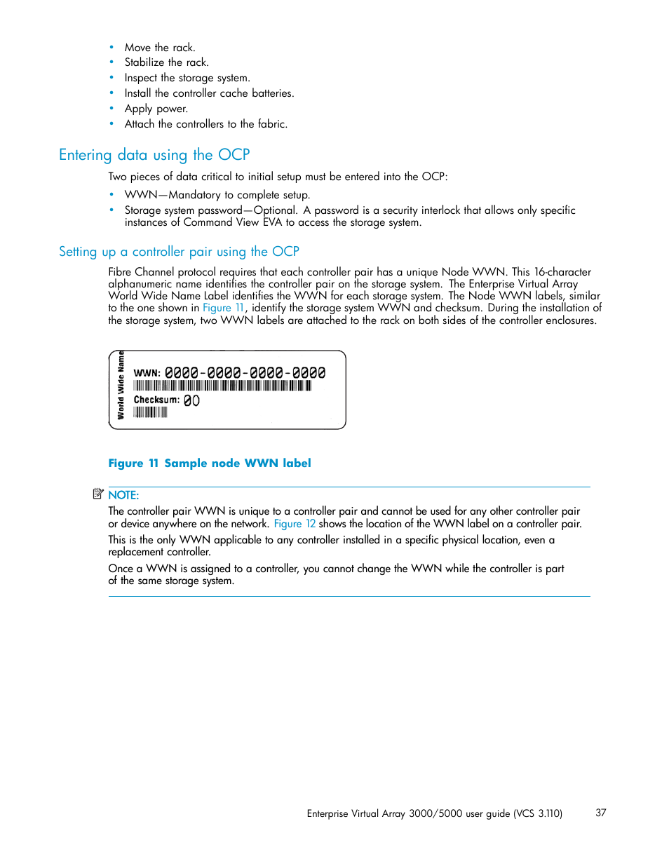 Entering data using the ocp, Setting up a controller pair using the ocp, Sample node wwn label | HP 3000 Enterprise Virtual Array User Manual | Page 37 / 188