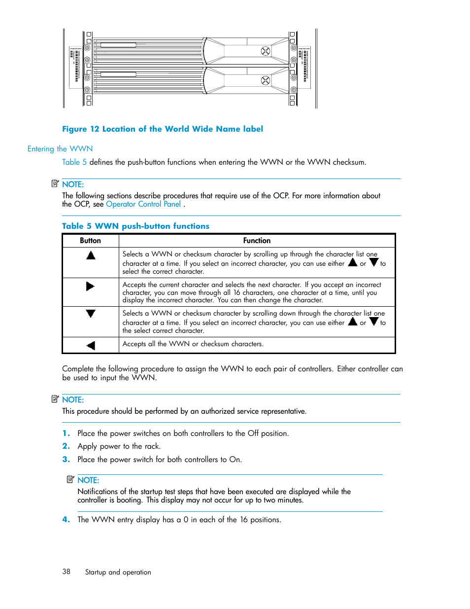 Location of the world wide name label, Wwn push-button functions | HP 3000 Enterprise Virtual Array User Manual | Page 38 / 188