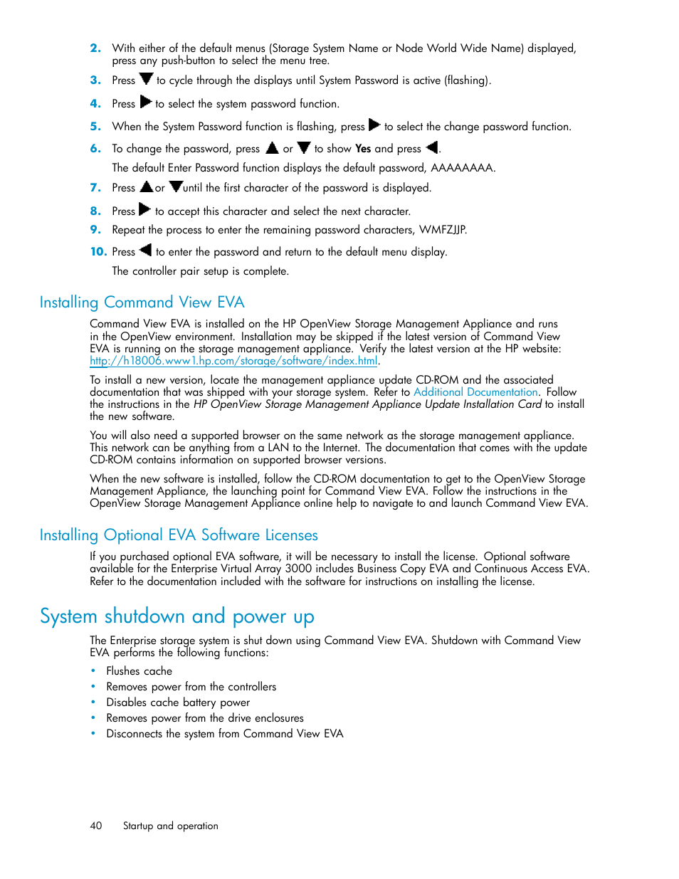 Installing command view eva, Installing optional eva software licenses, System shutdown and power up | Storage system shutdown and powerup | HP 3000 Enterprise Virtual Array User Manual | Page 40 / 188