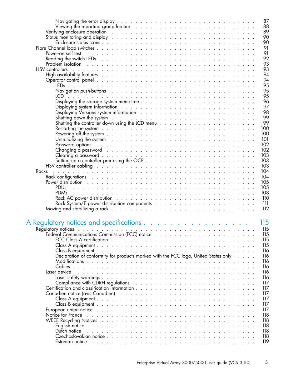 A regulatory notices and specifications | HP 3000 Enterprise Virtual Array User Manual | Page 5 / 188