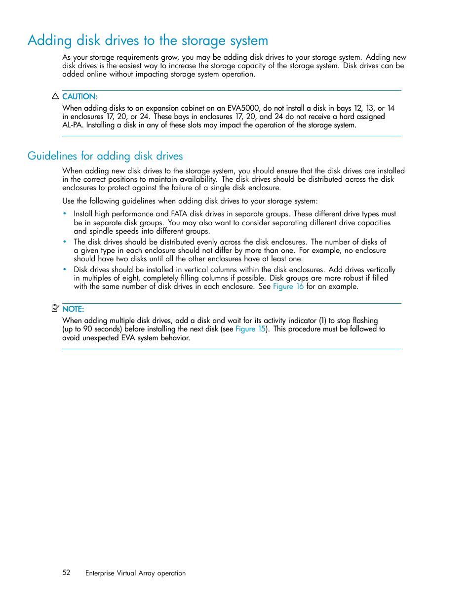 Adding disk drives to the storage system, Guidelines for adding disk drives | HP 3000 Enterprise Virtual Array User Manual | Page 52 / 188