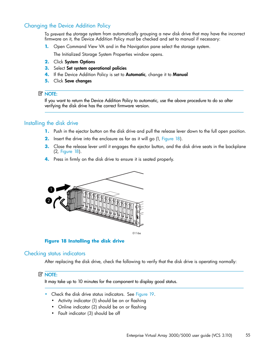 Changing the device addition policy, Installing the disk drive, Checking status indicators | HP 3000 Enterprise Virtual Array User Manual | Page 55 / 188