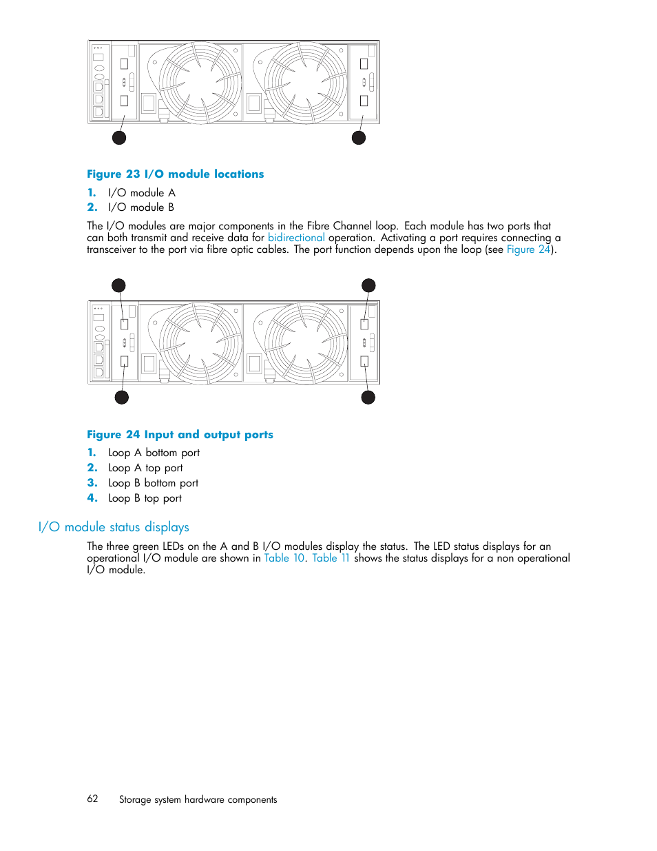 I/o module status displays, I/o module locations, Input and output ports | HP 3000 Enterprise Virtual Array User Manual | Page 62 / 188