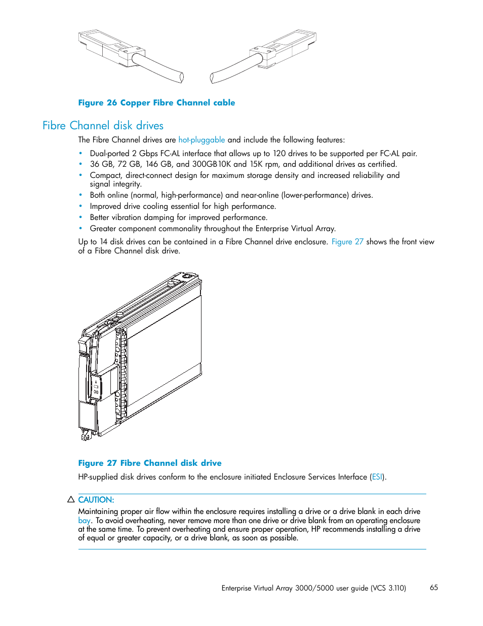 Fibre channel disk drives, Copper fibre channel cable, Fibre channel disk drive | HP 3000 Enterprise Virtual Array User Manual | Page 65 / 188