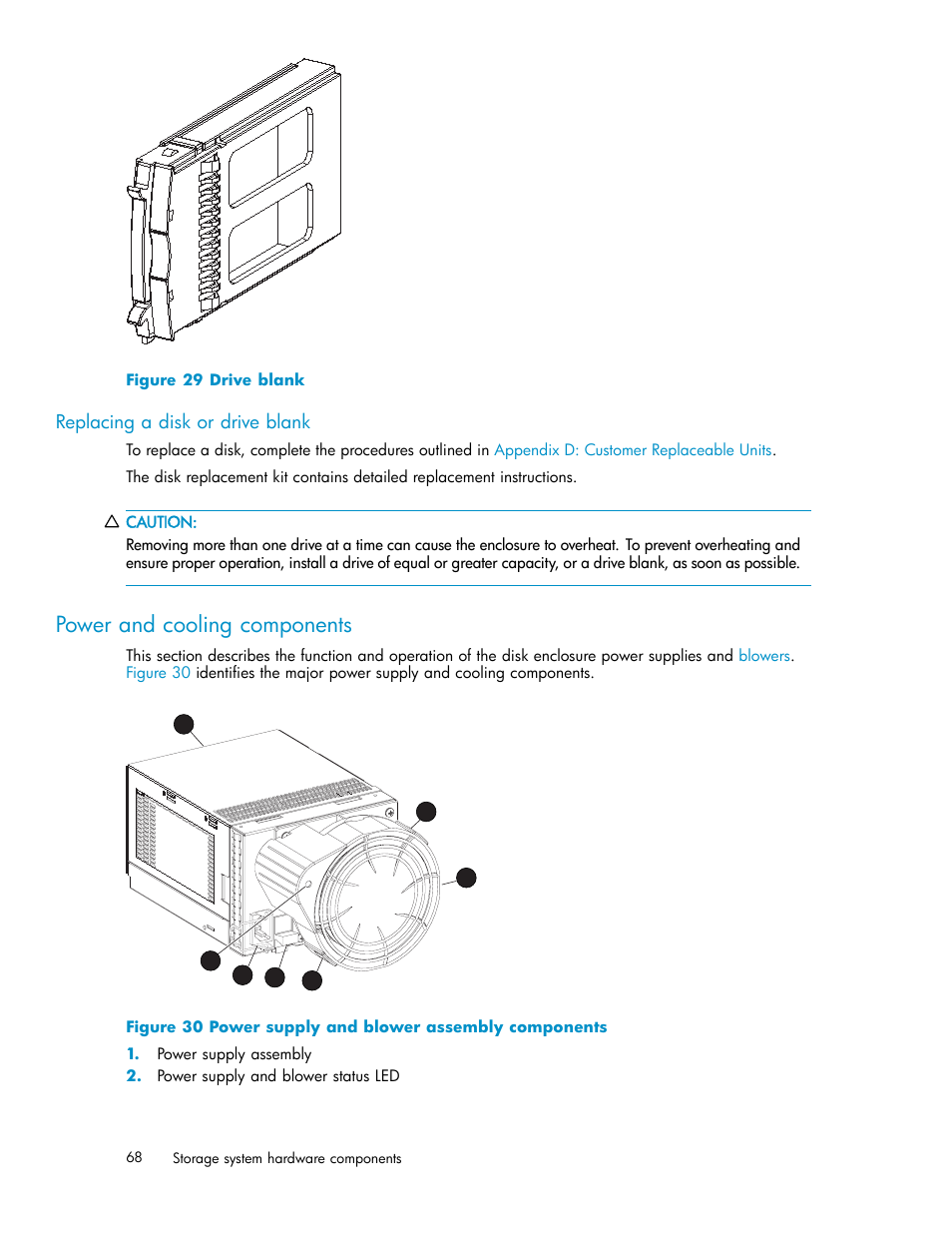 Replacing a disk or drive blank, Power and cooling components, Drive blank | Power supply and blower assembly components | HP 3000 Enterprise Virtual Array User Manual | Page 68 / 188