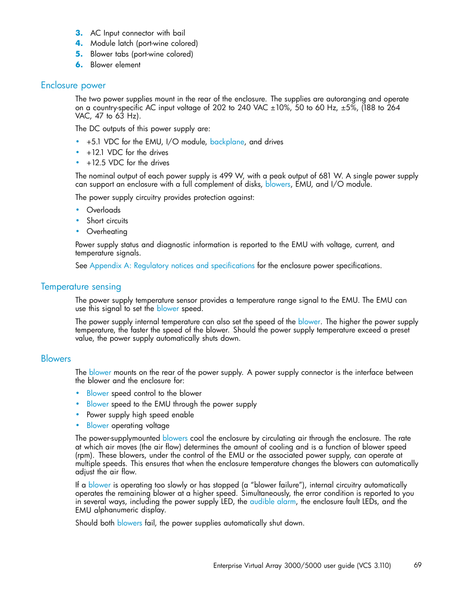 Enclosure power, Temperature sensing, Blowers | HP 3000 Enterprise Virtual Array User Manual | Page 69 / 188