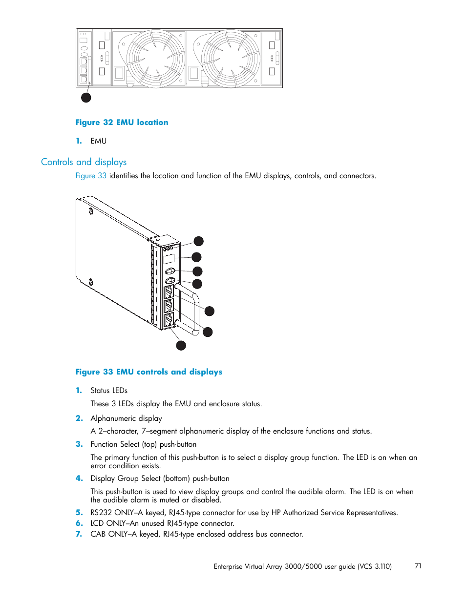 Controls and displays, Emu location, Emu controls and displays | Figure 32 | HP 3000 Enterprise Virtual Array User Manual | Page 71 / 188