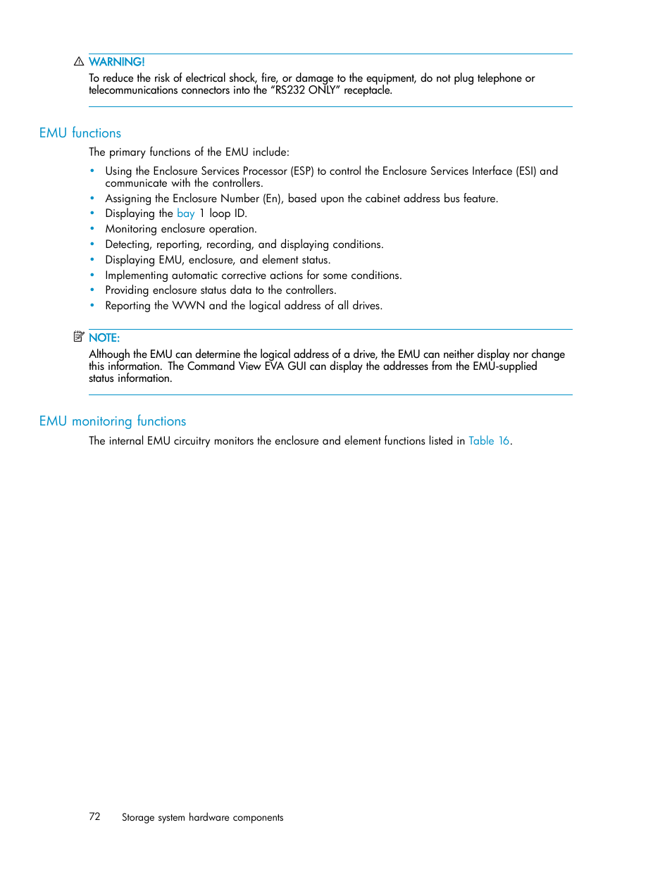 Emu functions, Emu monitoring functions | HP 3000 Enterprise Virtual Array User Manual | Page 72 / 188