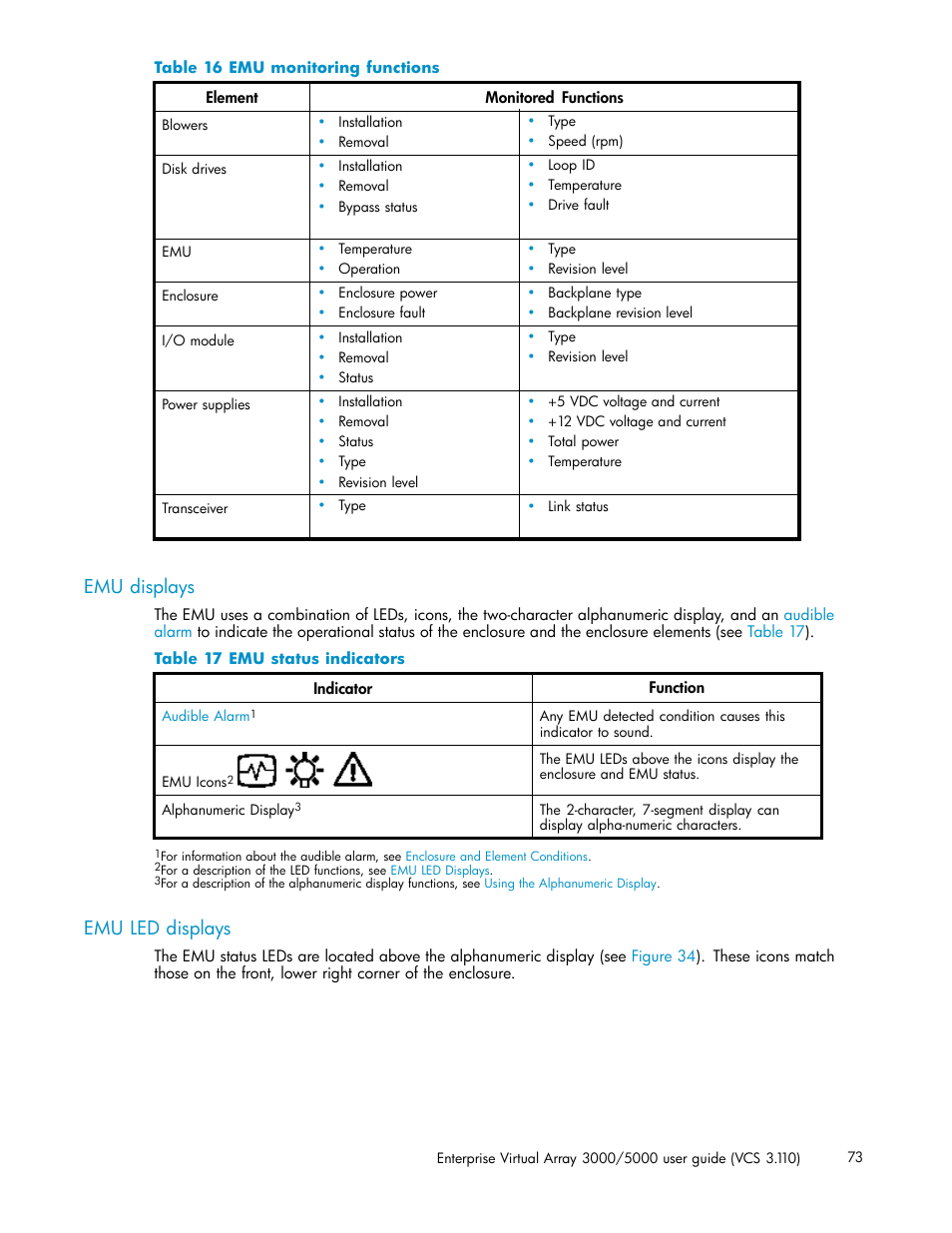 Emu displays, Emu led displays, Emu monitoring functions | Emu status indicators | HP 3000 Enterprise Virtual Array User Manual | Page 73 / 188