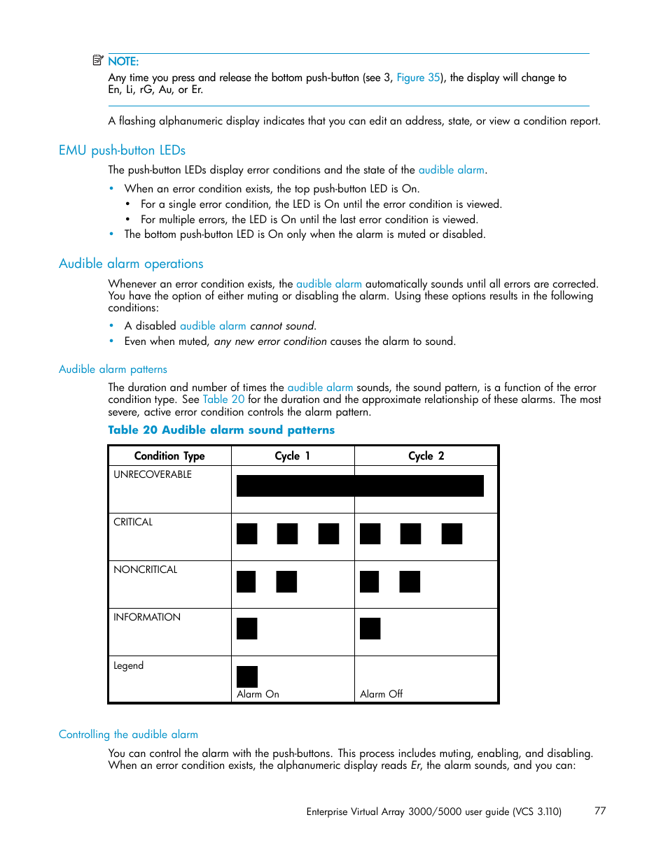 Emu push-button leds, Audible alarm operations, Audible alarm sound patterns | HP 3000 Enterprise Virtual Array User Manual | Page 77 / 188