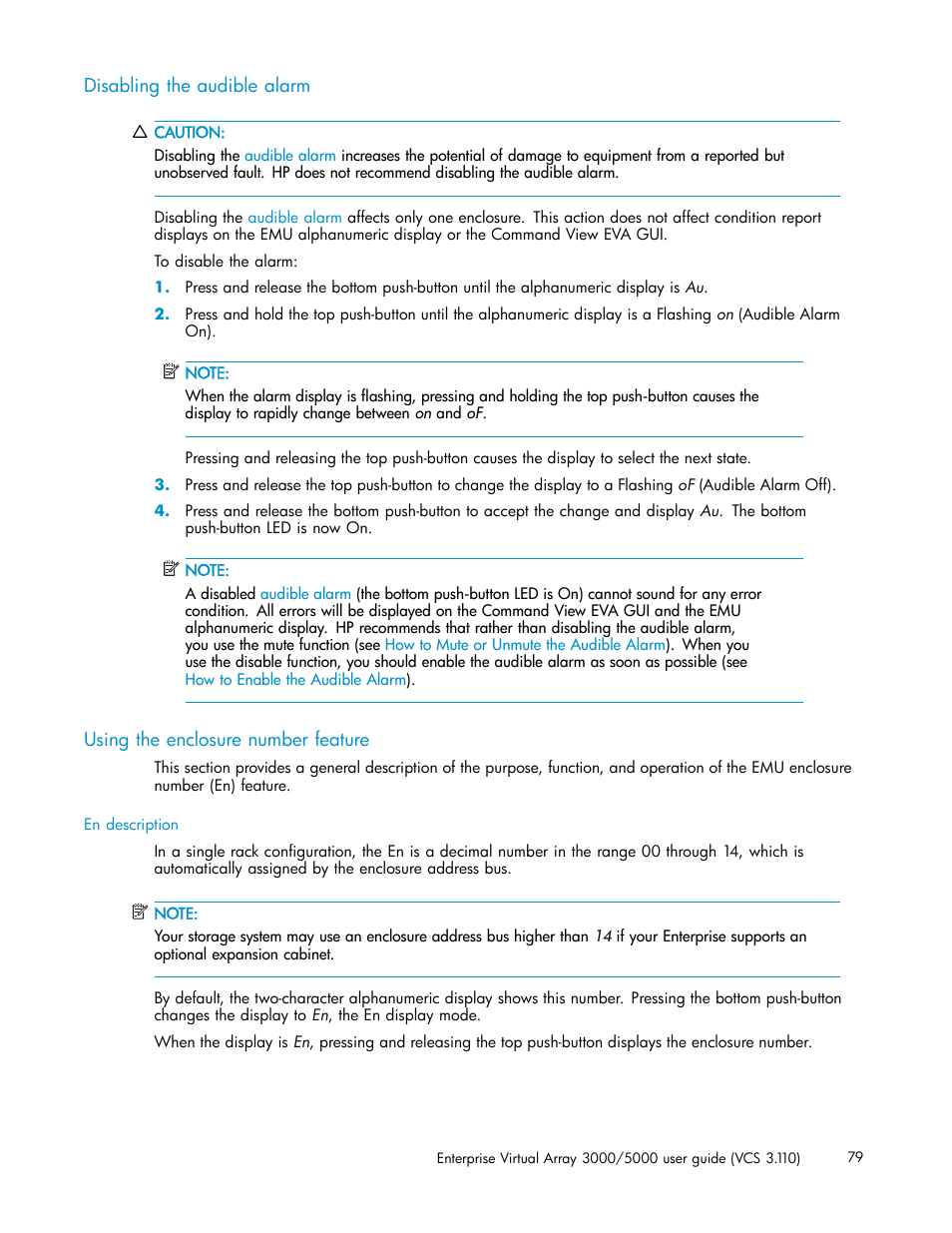 Disabling the audible alarm, Using the enclosure number feature, Using the enclosure number | Feature | HP 3000 Enterprise Virtual Array User Manual | Page 79 / 188