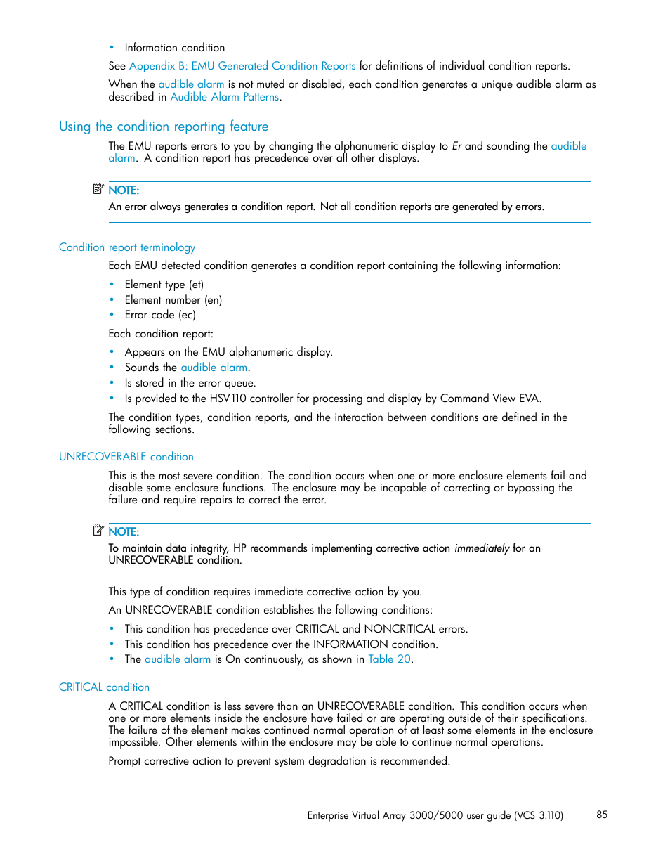 Using the condition reporting feature | HP 3000 Enterprise Virtual Array User Manual | Page 85 / 188