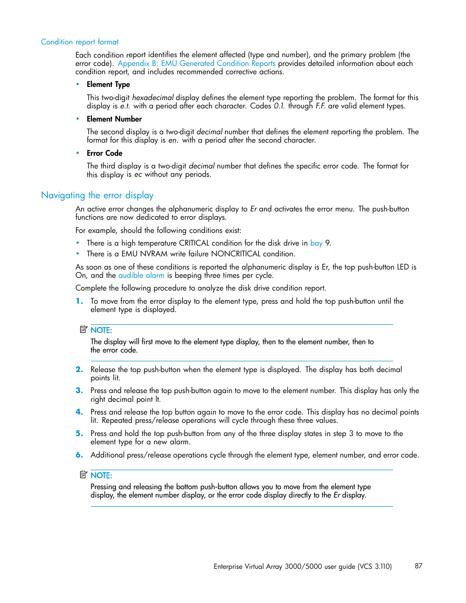 Navigating the error display | HP 3000 Enterprise Virtual Array User Manual | Page 87 / 188