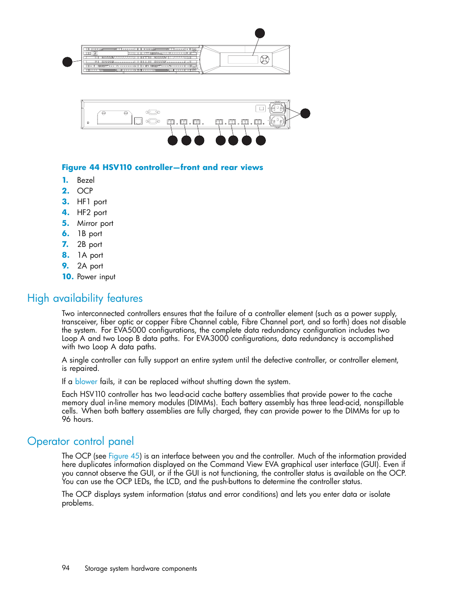 High availability features, Operator control panel, Hsv110 controller—front and rear views | HP 3000 Enterprise Virtual Array User Manual | Page 94 / 188