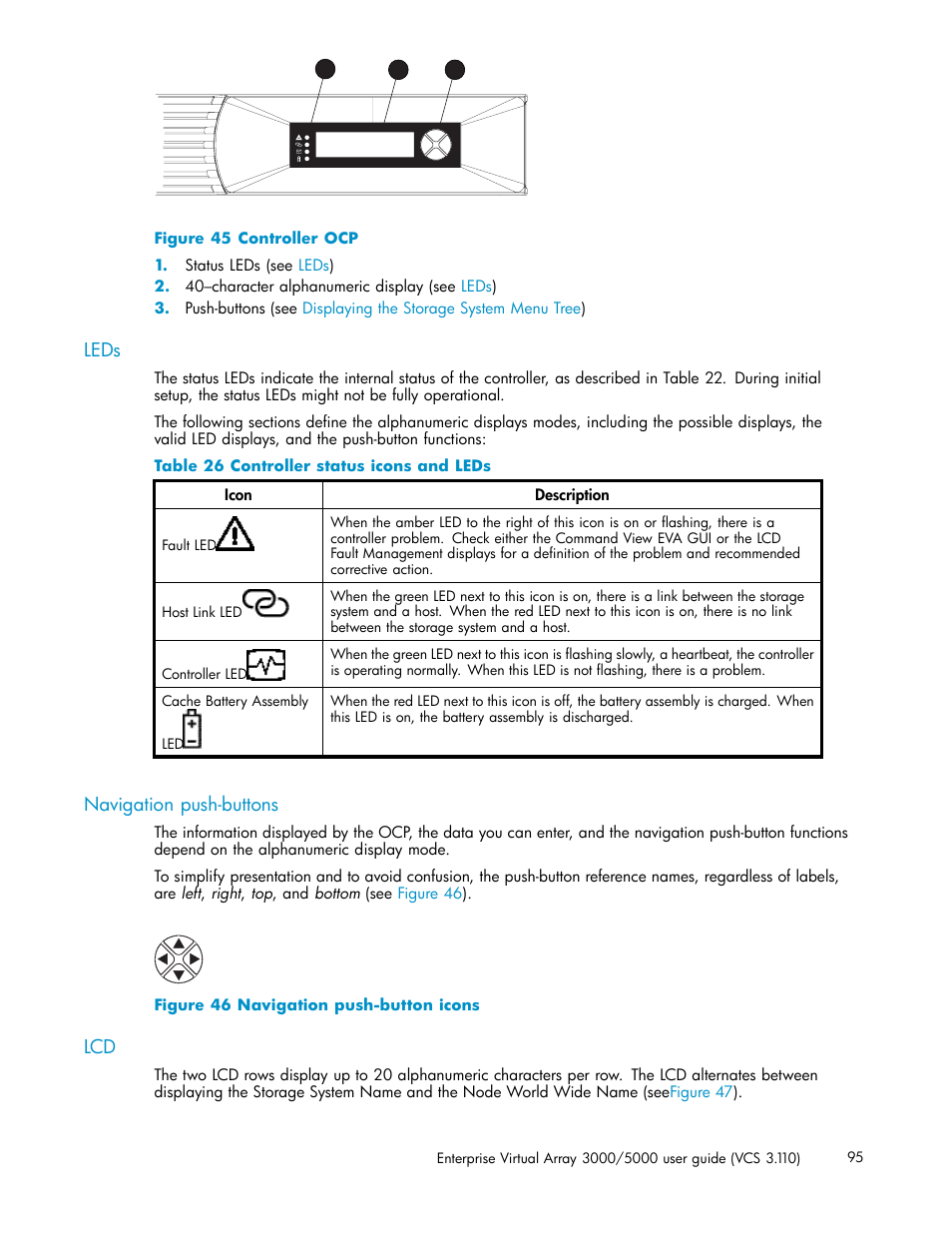 Leds, Navigation push-buttons, Controller ocp | Navigation push-button icons, Controller status icons and leds | HP 3000 Enterprise Virtual Array User Manual | Page 95 / 188