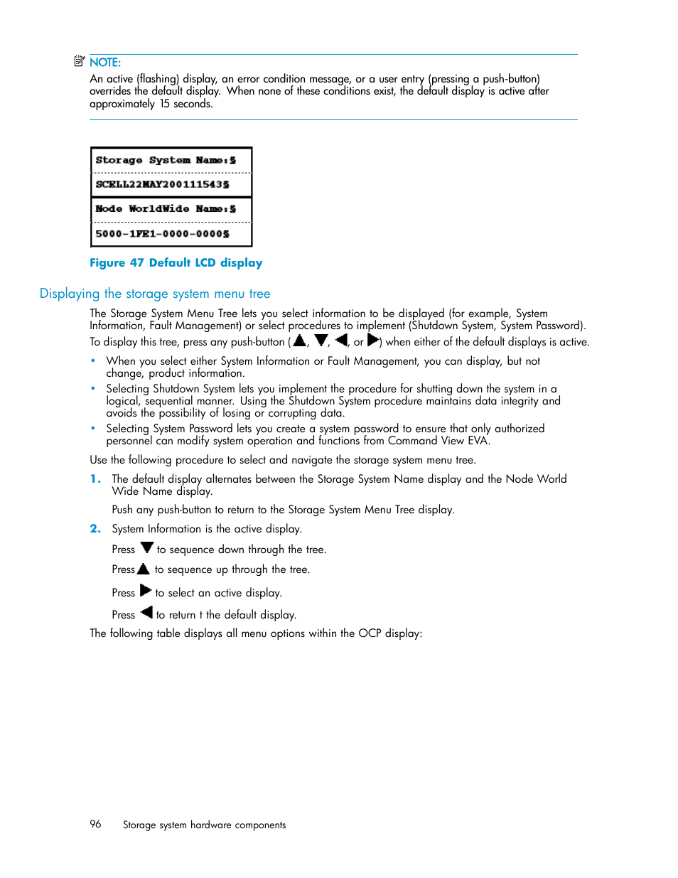 Displaying the storage system menu tree, Default lcd display, Figure 47 | HP 3000 Enterprise Virtual Array User Manual | Page 96 / 188