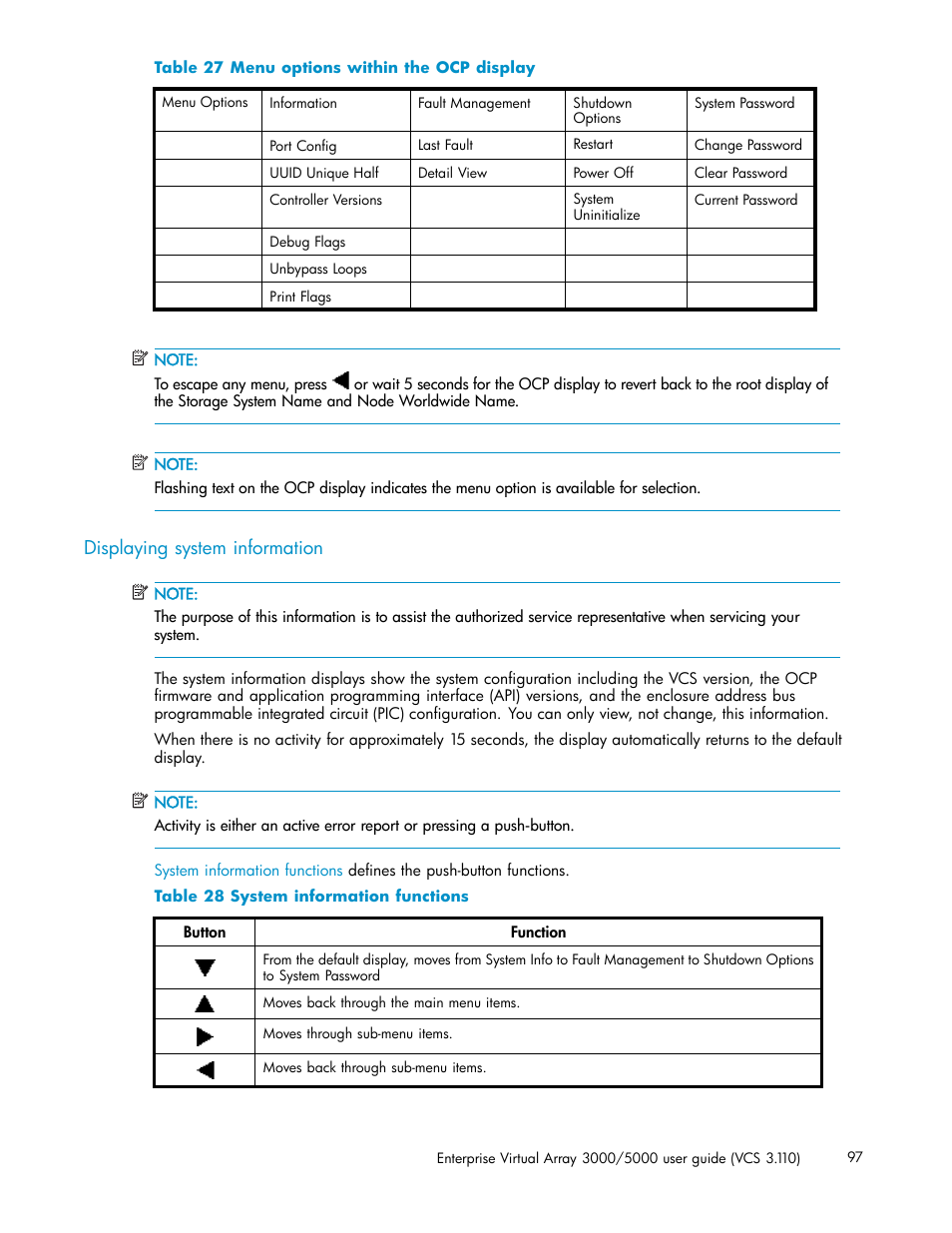 Displaying system information, Menu options within the ocp display, System information functions | HP 3000 Enterprise Virtual Array User Manual | Page 97 / 188