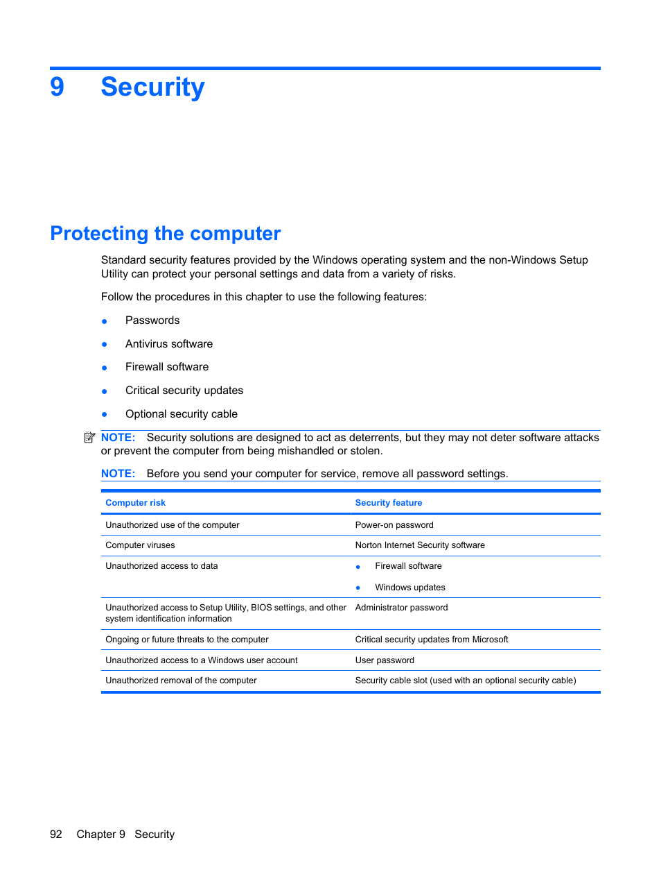 Security, Protecting the computer, 9 security | 9security | HP G72-b50US Notebook PC User Manual | Page 102 / 127