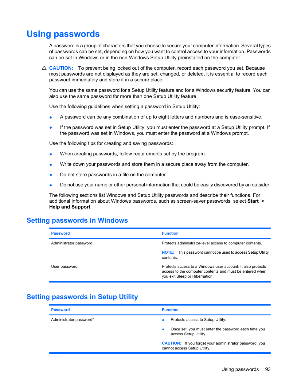 Using passwords, Setting passwords in windows, Setting passwords in setup utility | HP G72-b50US Notebook PC User Manual | Page 103 / 127