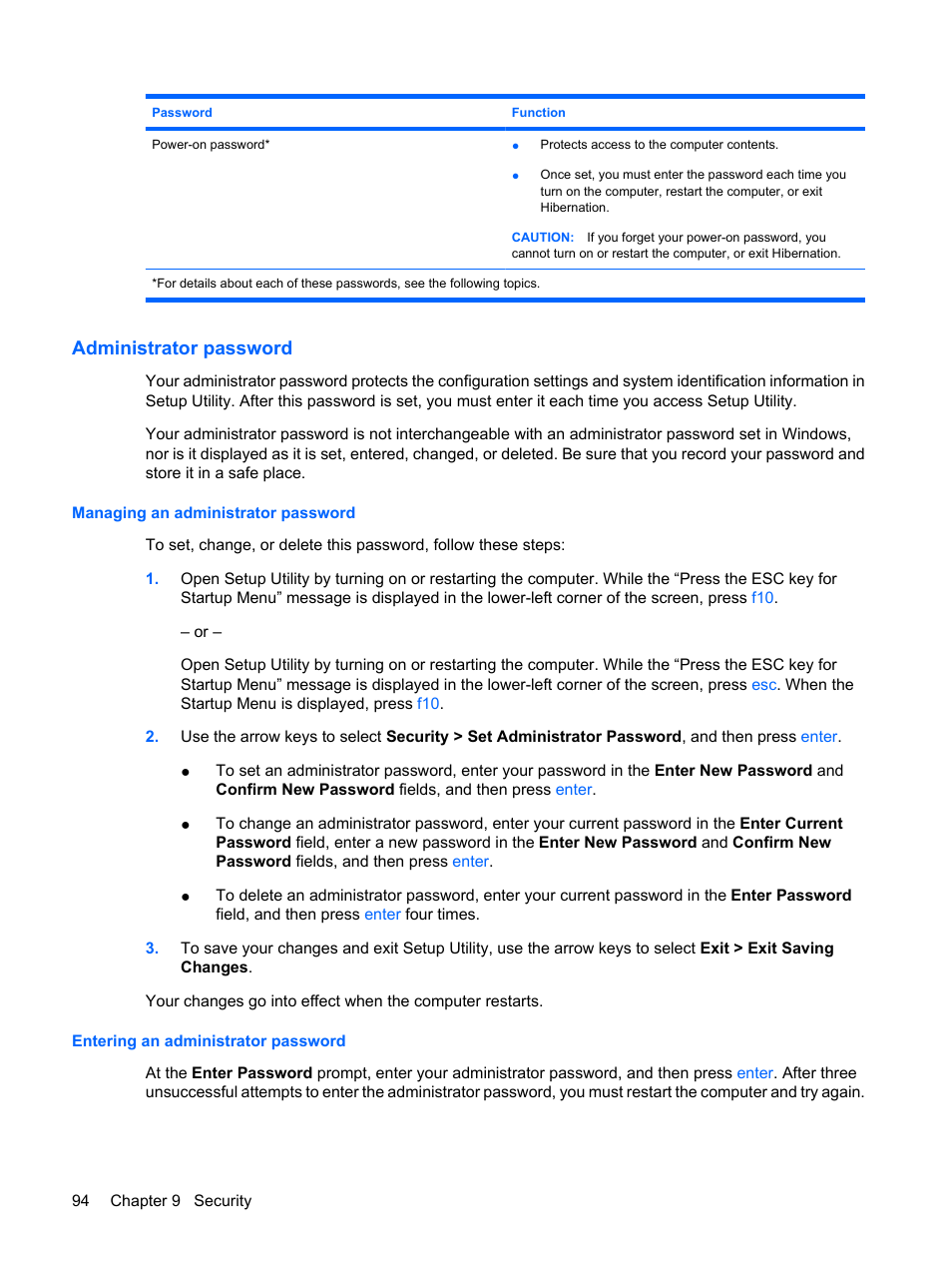 Administrator password, Managing an administrator password, Entering an administrator password | HP G72-b50US Notebook PC User Manual | Page 104 / 127