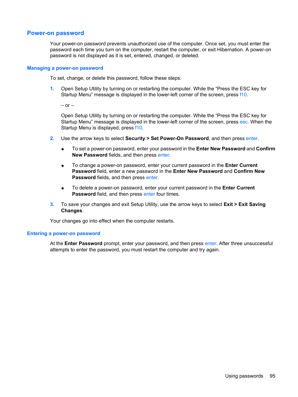 Power-on password, Managing a power-on password, Entering a power-on password | HP G72-b50US Notebook PC User Manual | Page 105 / 127