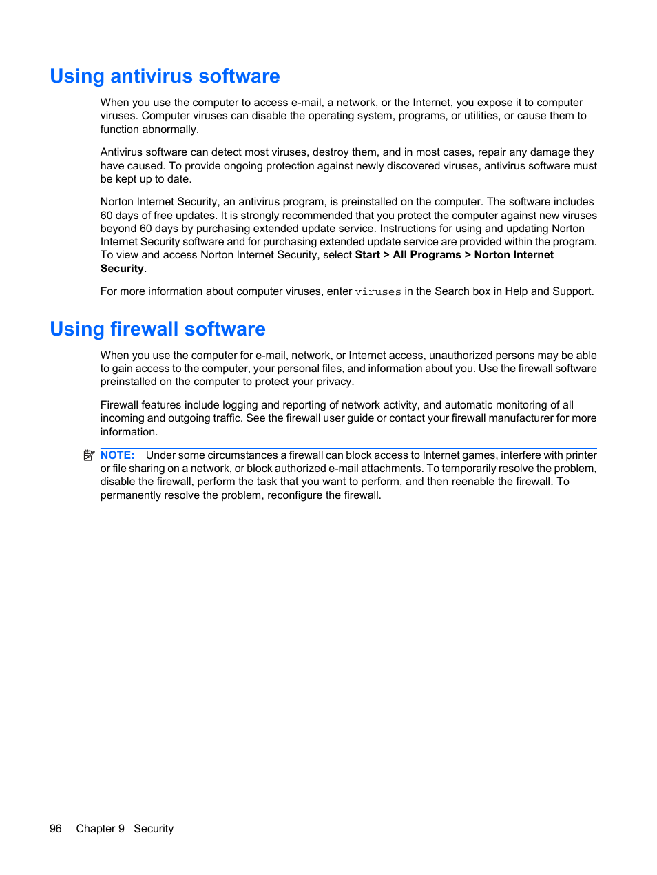 Using antivirus software, Using firewall software, Using antivirus software using firewall software | HP G72-b50US Notebook PC User Manual | Page 106 / 127