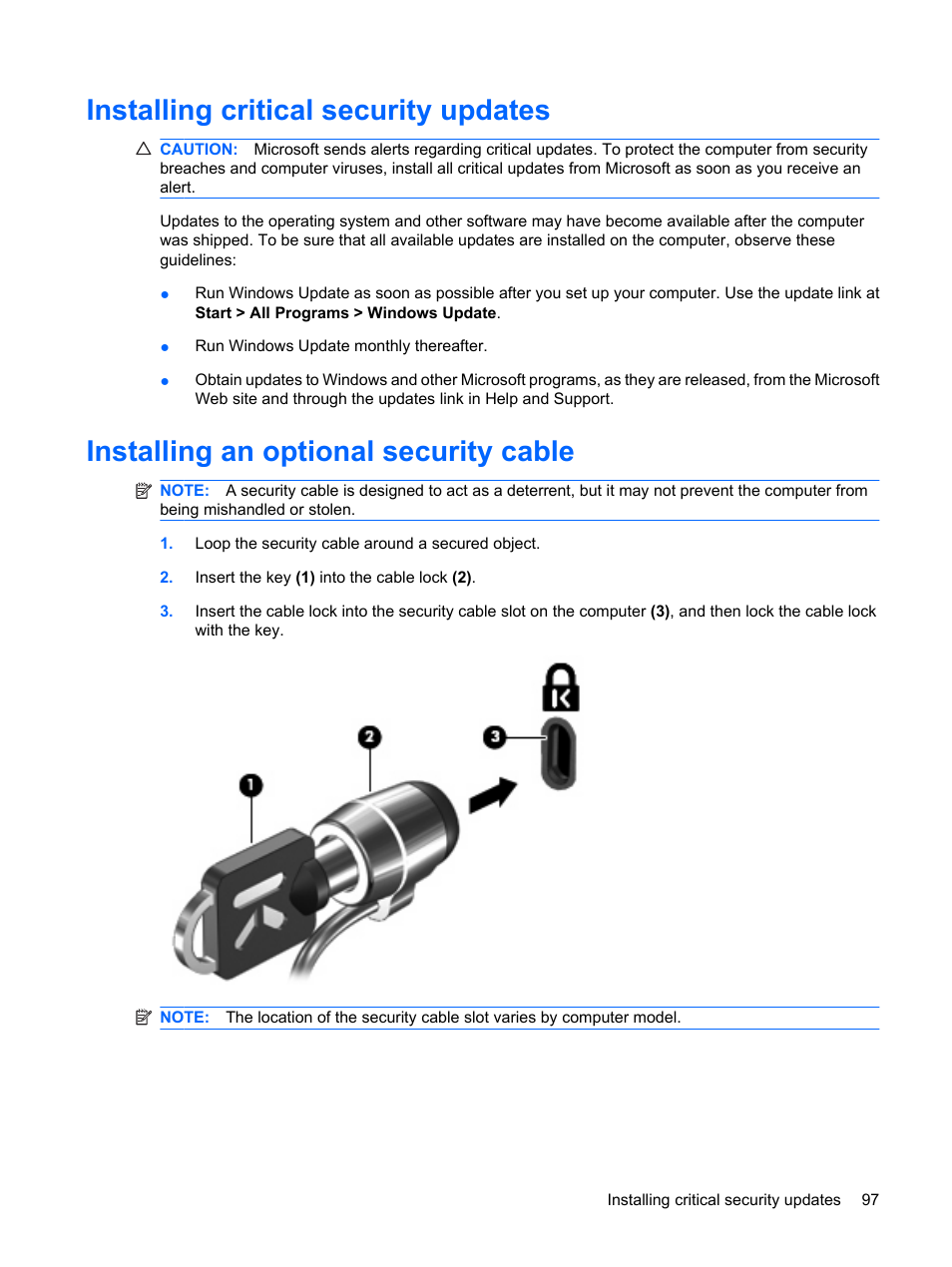 Installing critical security updates, Installing an optional security cable | HP G72-b50US Notebook PC User Manual | Page 107 / 127