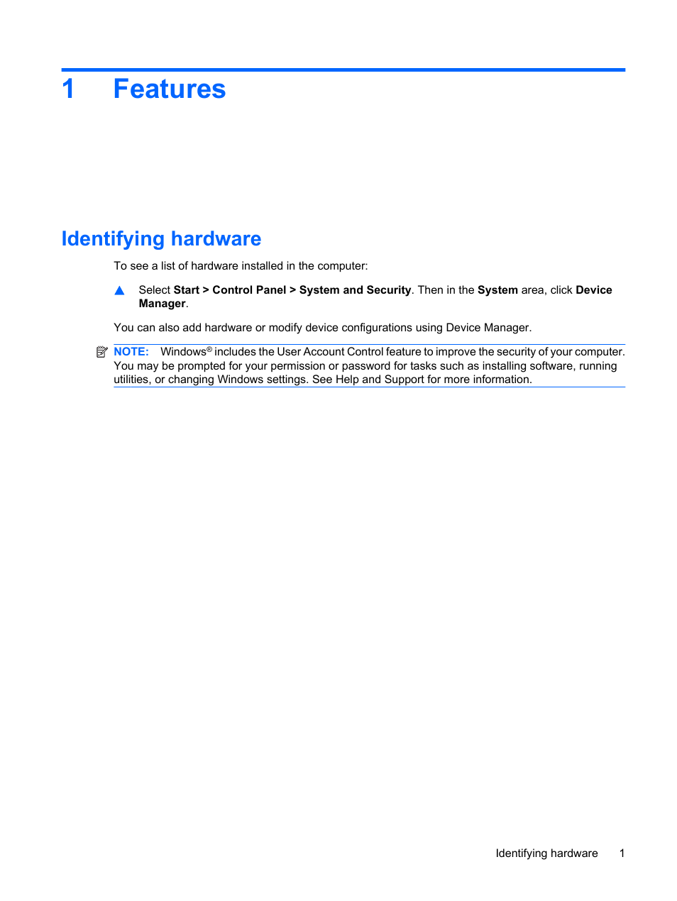 Features, Identifying hardware, 1 features | 1features | HP G72-b50US Notebook PC User Manual | Page 11 / 127