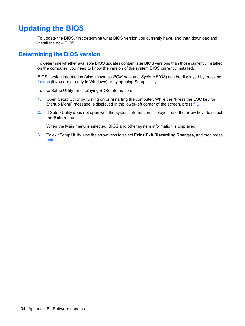 Updating the bios, Determining the bios version | HP G72-b50US Notebook PC User Manual | Page 114 / 127