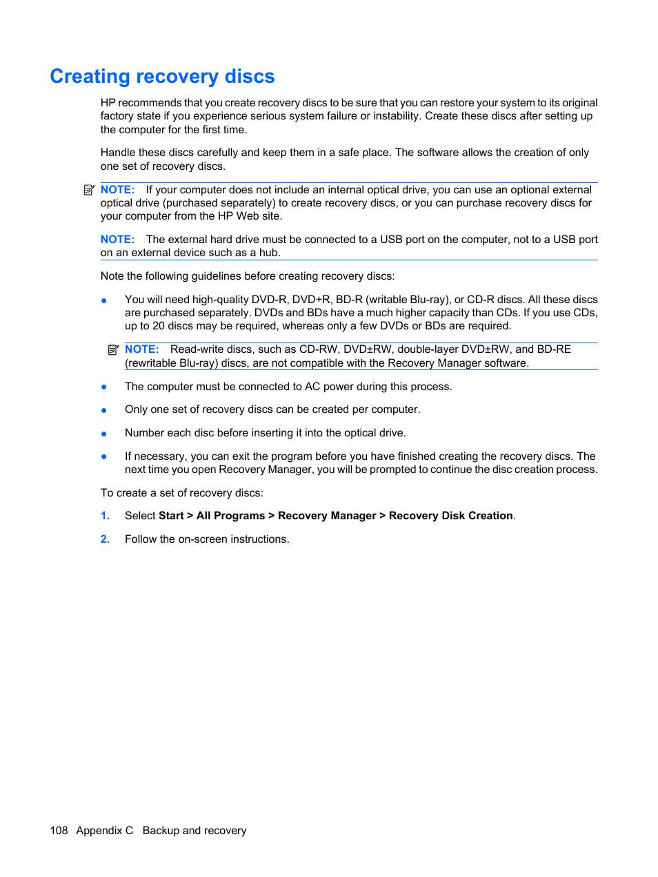 Creating recovery discs | HP G72-b50US Notebook PC User Manual | Page 118 / 127