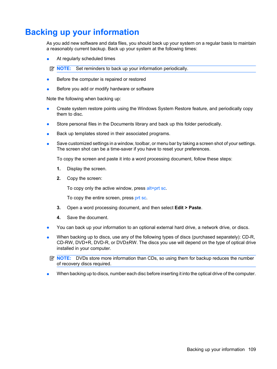 Backing up your information | HP G72-b50US Notebook PC User Manual | Page 119 / 127