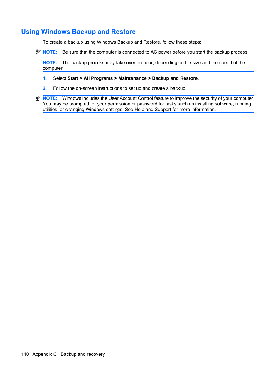 Using windows backup and restore | HP G72-b50US Notebook PC User Manual | Page 120 / 127