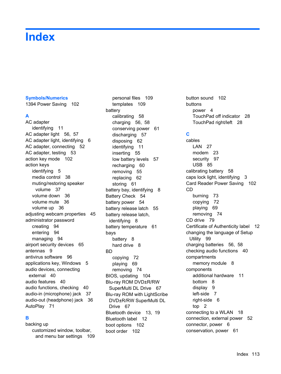 Index | HP G72-b50US Notebook PC User Manual | Page 123 / 127