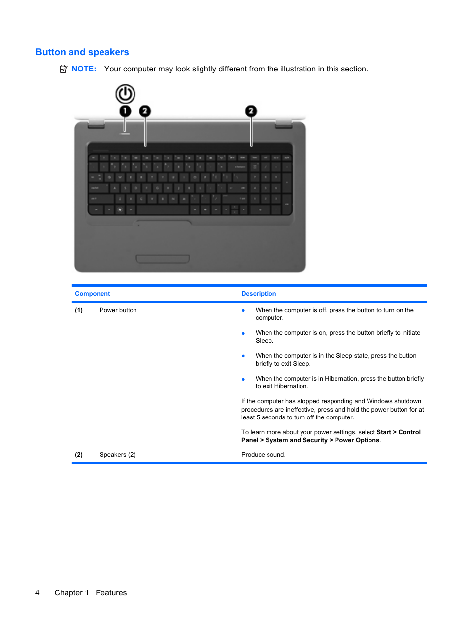 Button and speakers | HP G72-b50US Notebook PC User Manual | Page 14 / 127