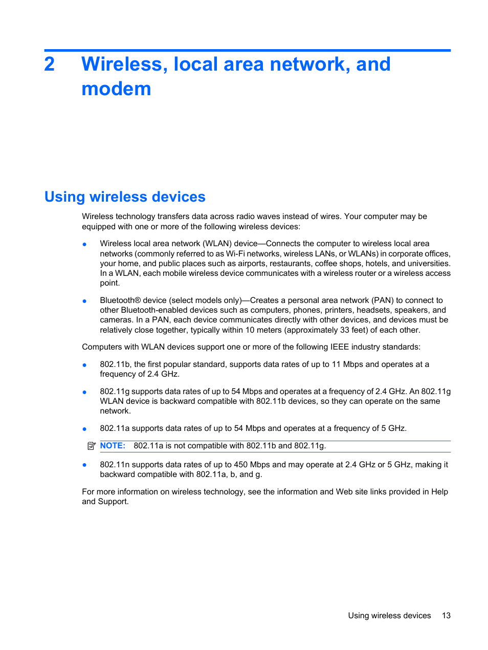 Wireless, local area network, and modem, Using wireless devices, 2 wireless, local area network, and modem | 2wireless, local area network, and modem | HP G72-b50US Notebook PC User Manual | Page 23 / 127