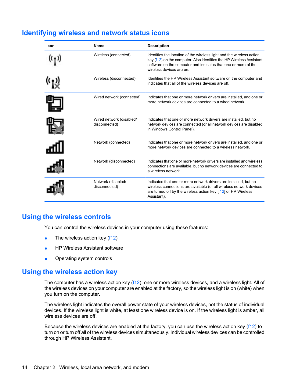 Identifying wireless and network status icons, Using the wireless controls, Using the wireless action key | HP G72-b50US Notebook PC User Manual | Page 24 / 127