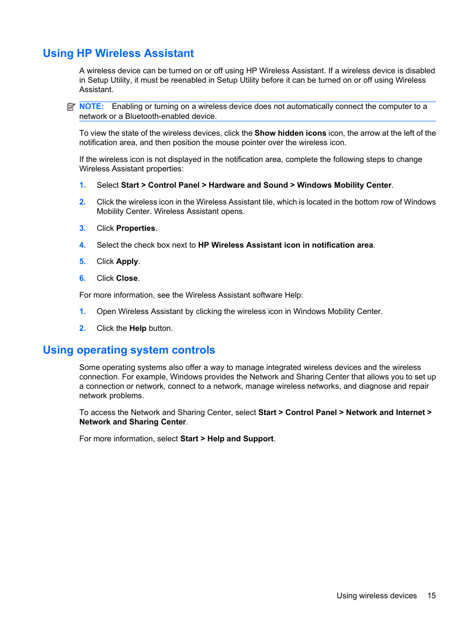 Using hp wireless assistant, Using operating system controls | HP G72-b50US Notebook PC User Manual | Page 25 / 127