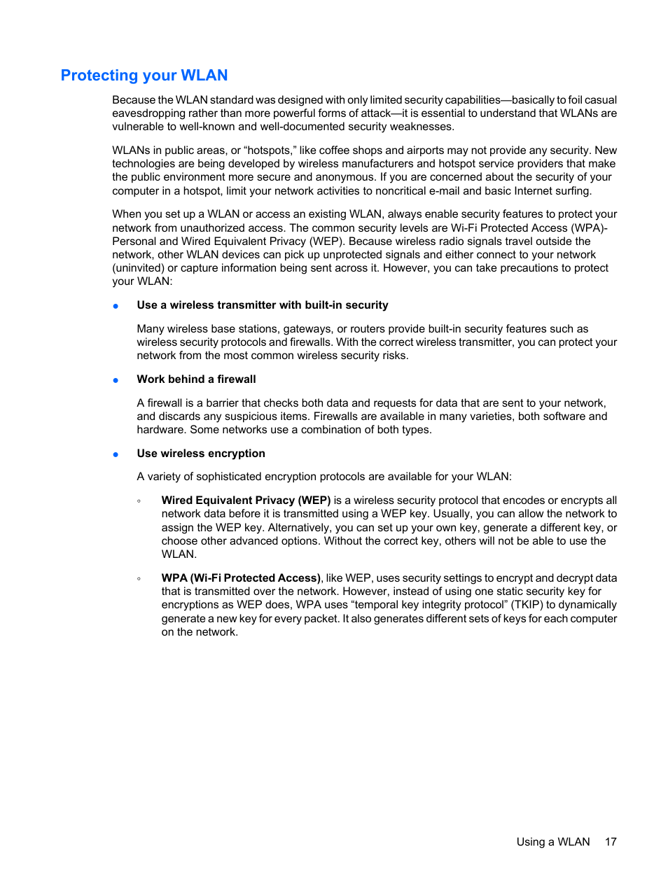 Protecting your wlan | HP G72-b50US Notebook PC User Manual | Page 27 / 127