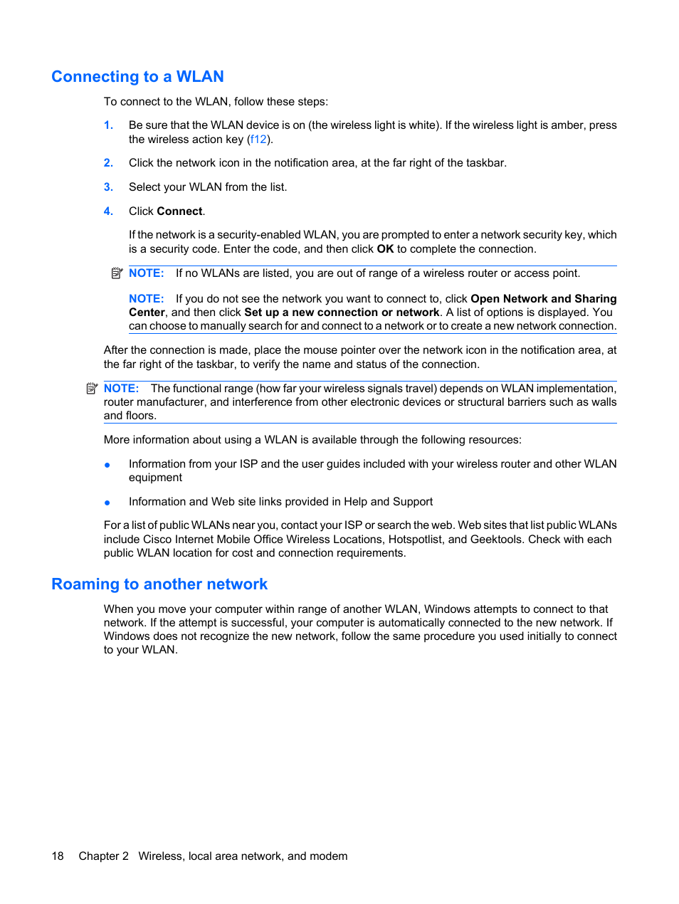 Connecting to a wlan, Roaming to another network, Connecting to a wlan roaming to another network | HP G72-b50US Notebook PC User Manual | Page 28 / 127